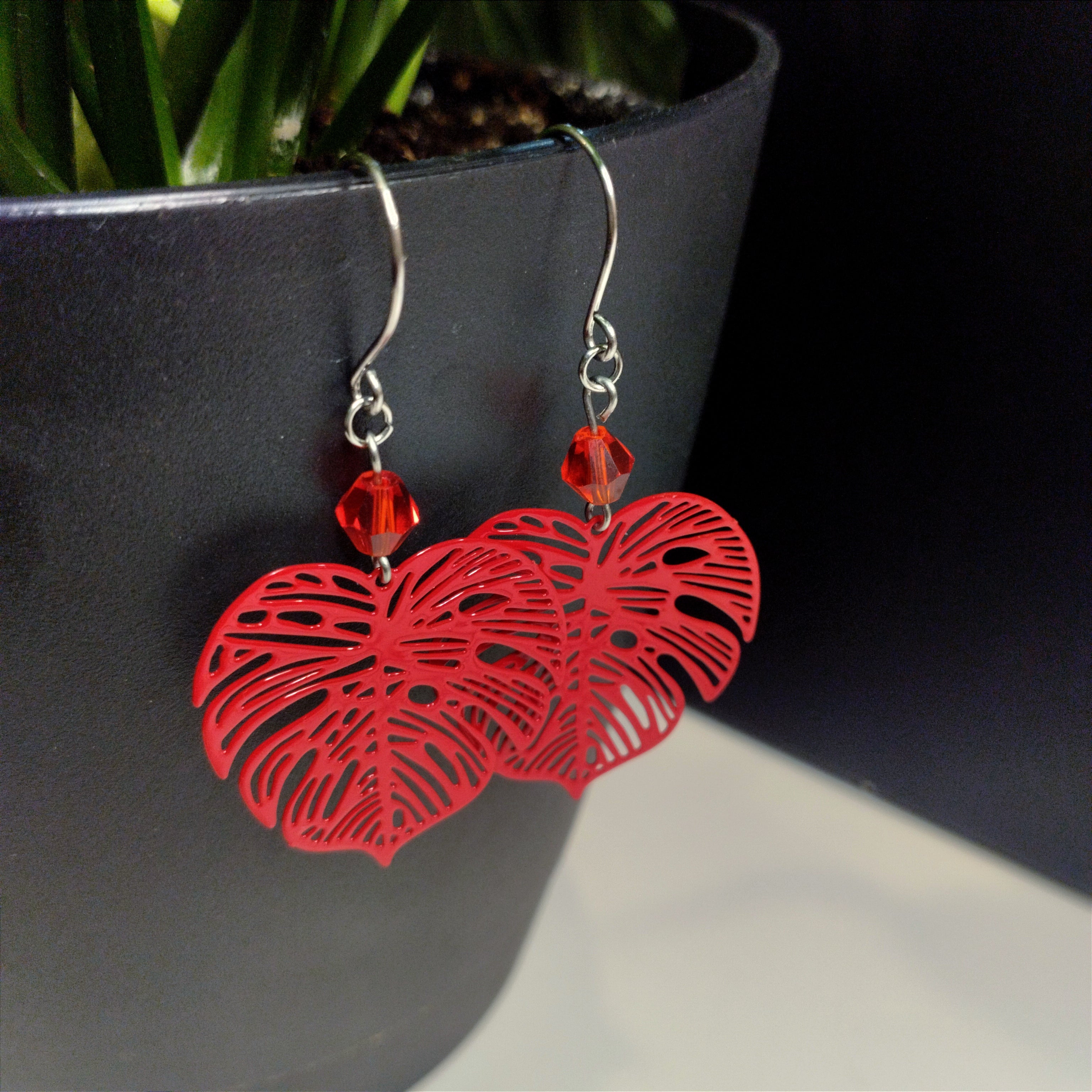 Red Monstera Leaf Dangle Earrings
