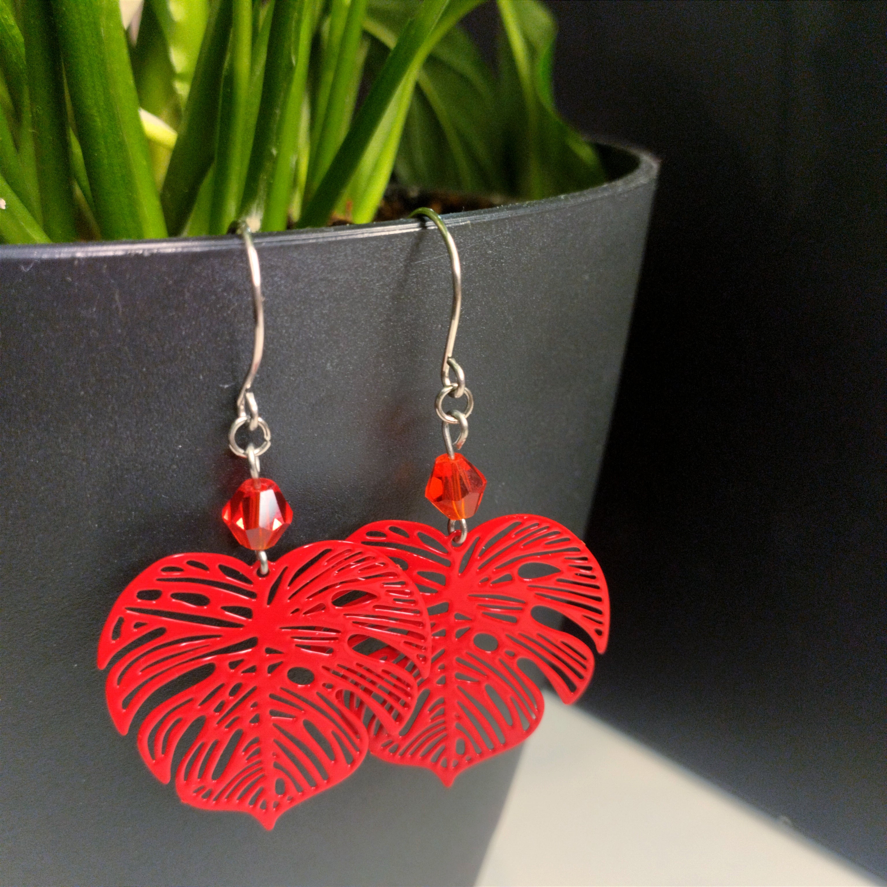 Red Monstera Leaf Dangle Earrings