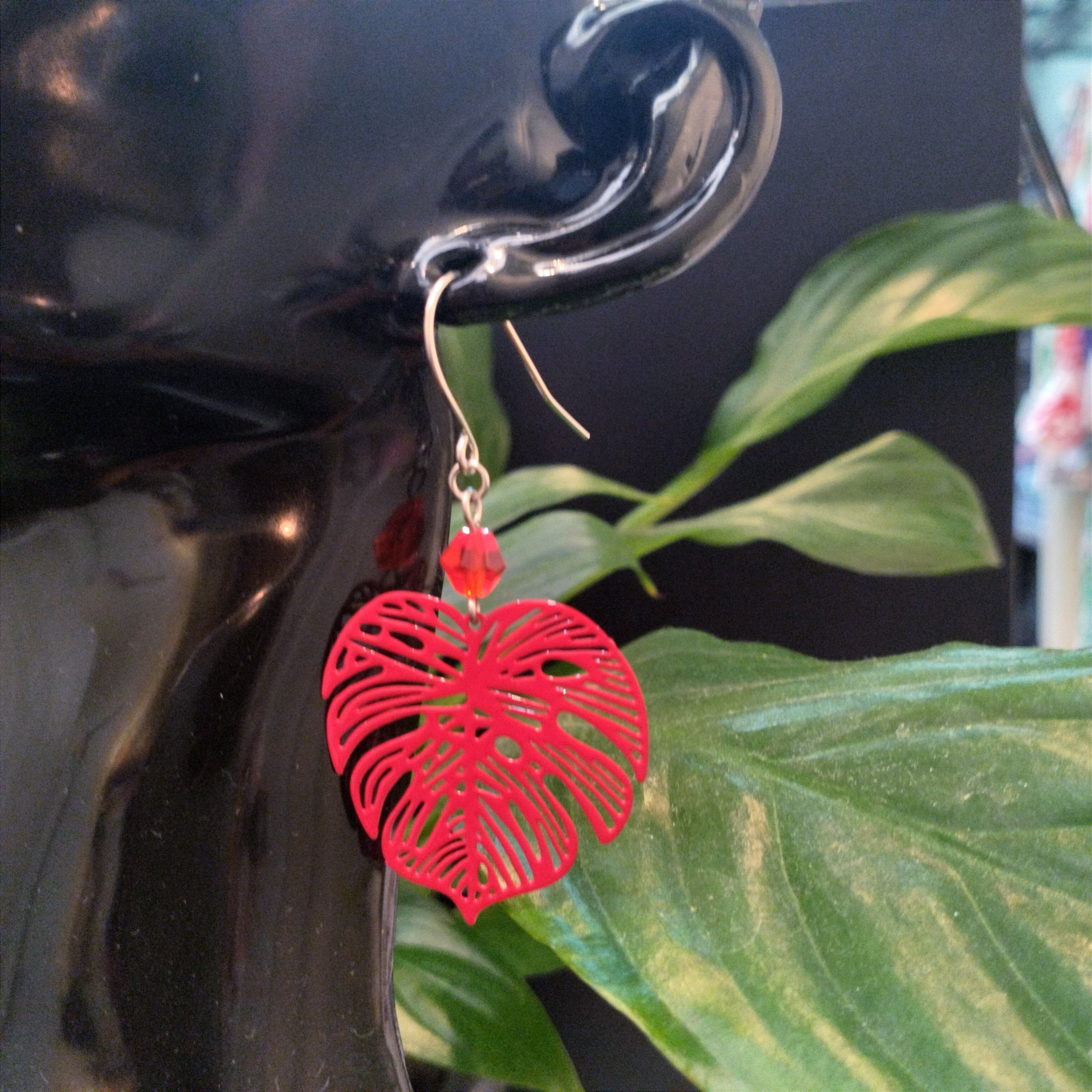 Red Monstera Leaf Dangle Earrings