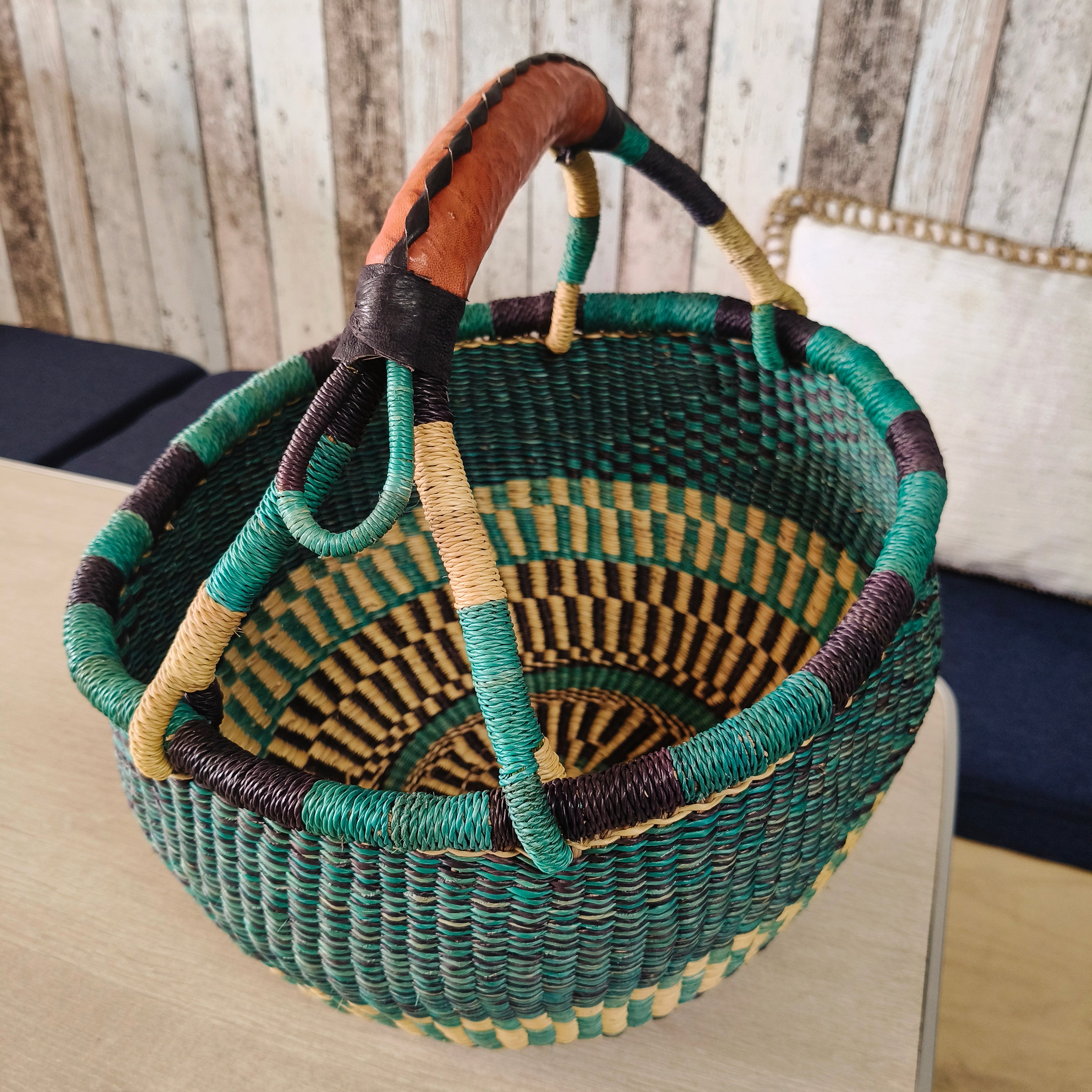 Afryea - Teal Medium Round Bolga Basket
