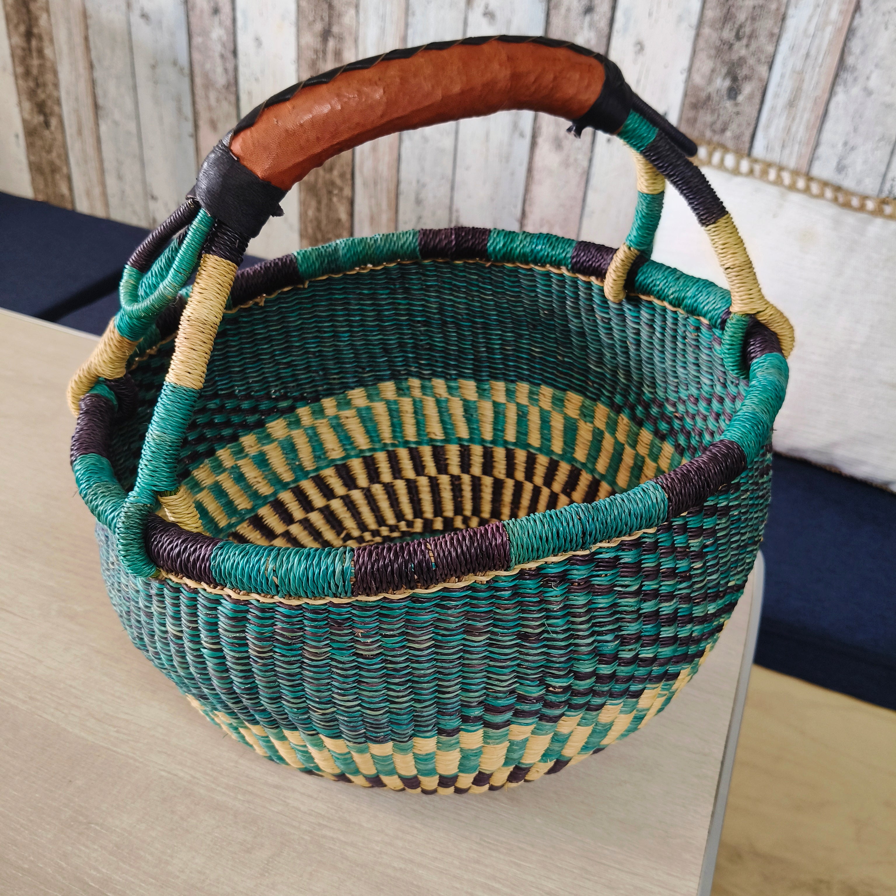 Afryea - Teal Medium Round Bolga Basket
