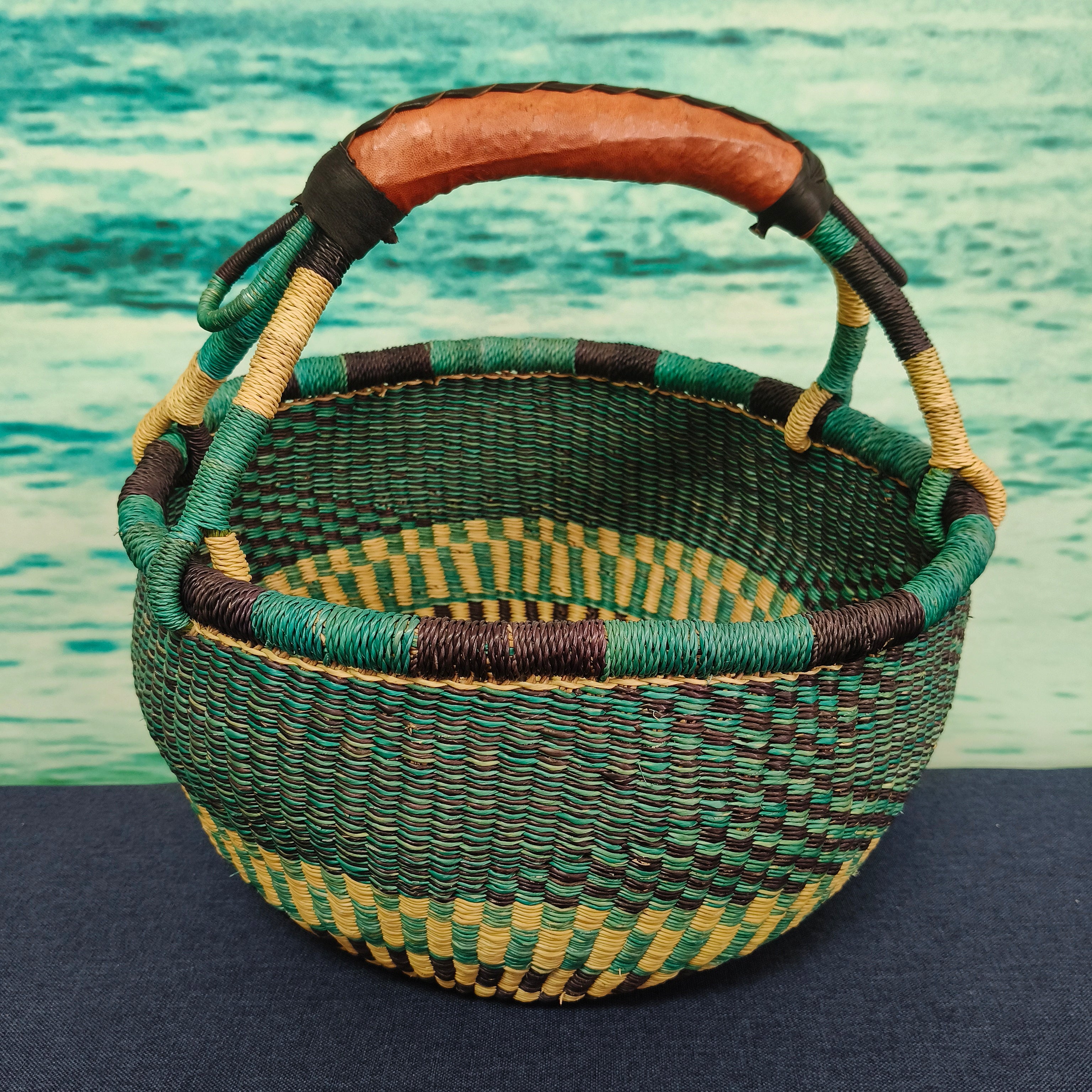 Afryea - Teal Medium Round Bolga Basket
