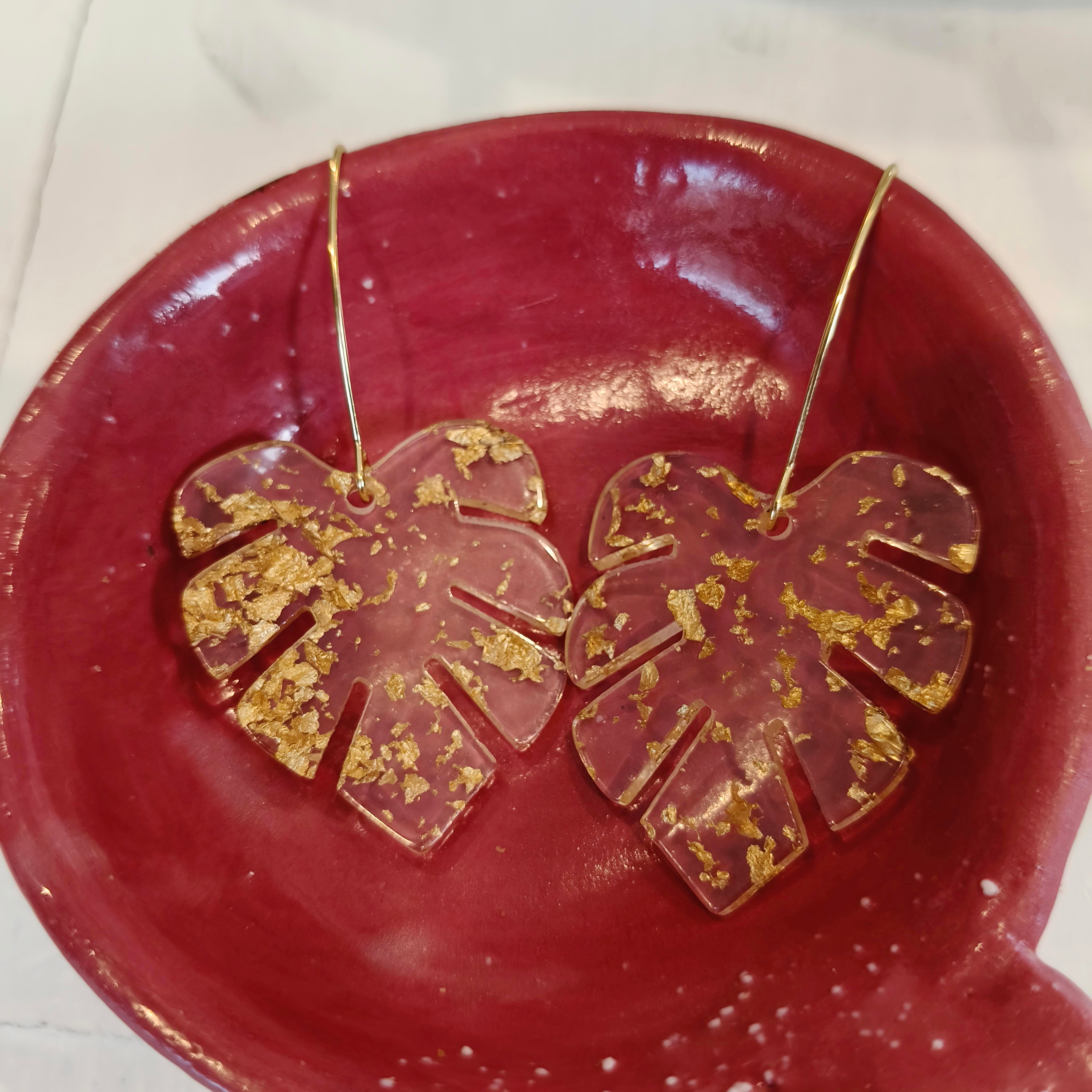 Clear Acrylic Monstera Leaf Earrings with Gold Leaf Detail