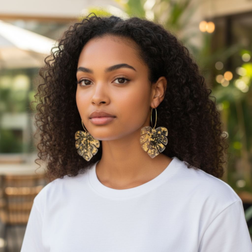 Clear Acrylic Monstera Leaf Earrings with Gold Leaf Detail