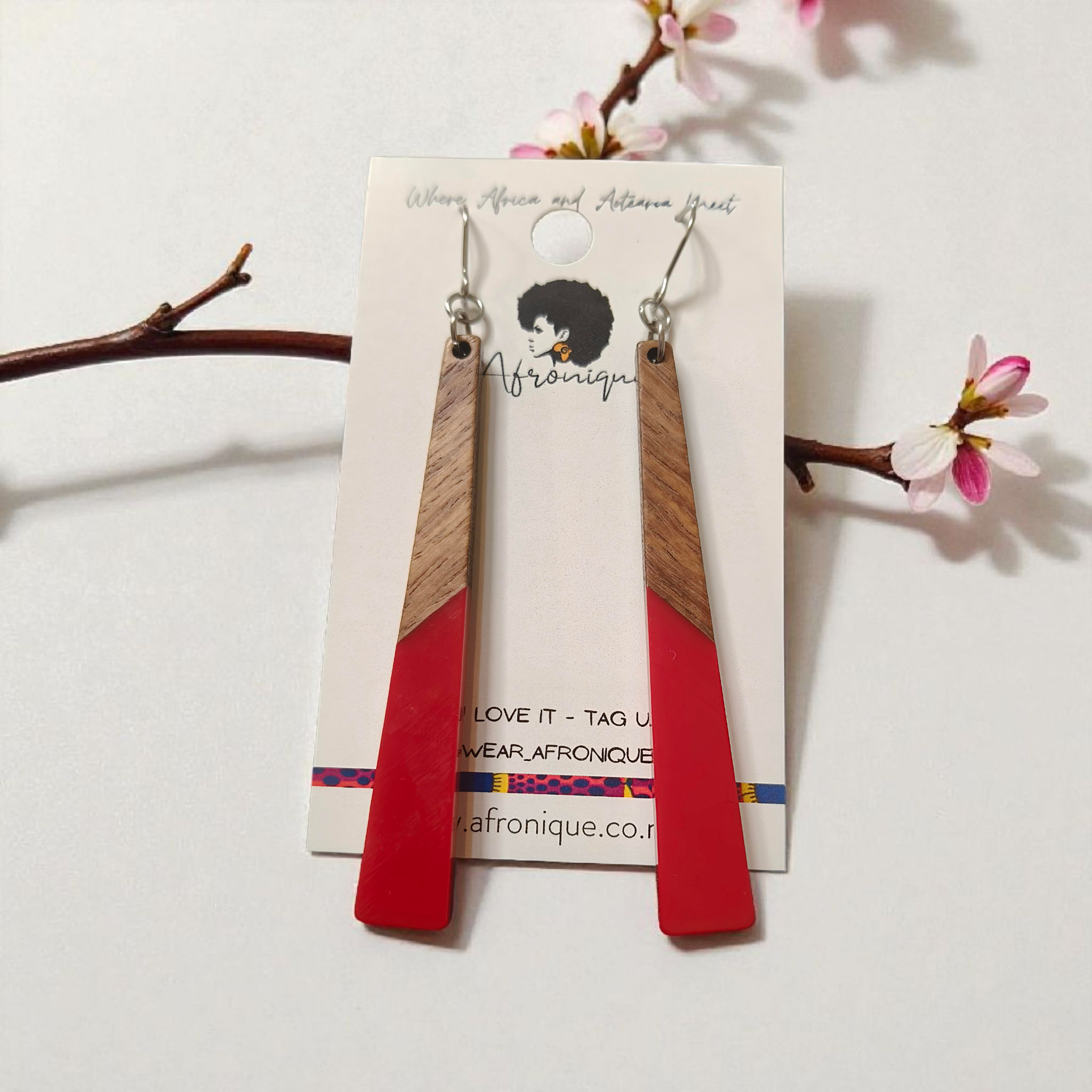 Red Resin & Wood Dangle Earrings