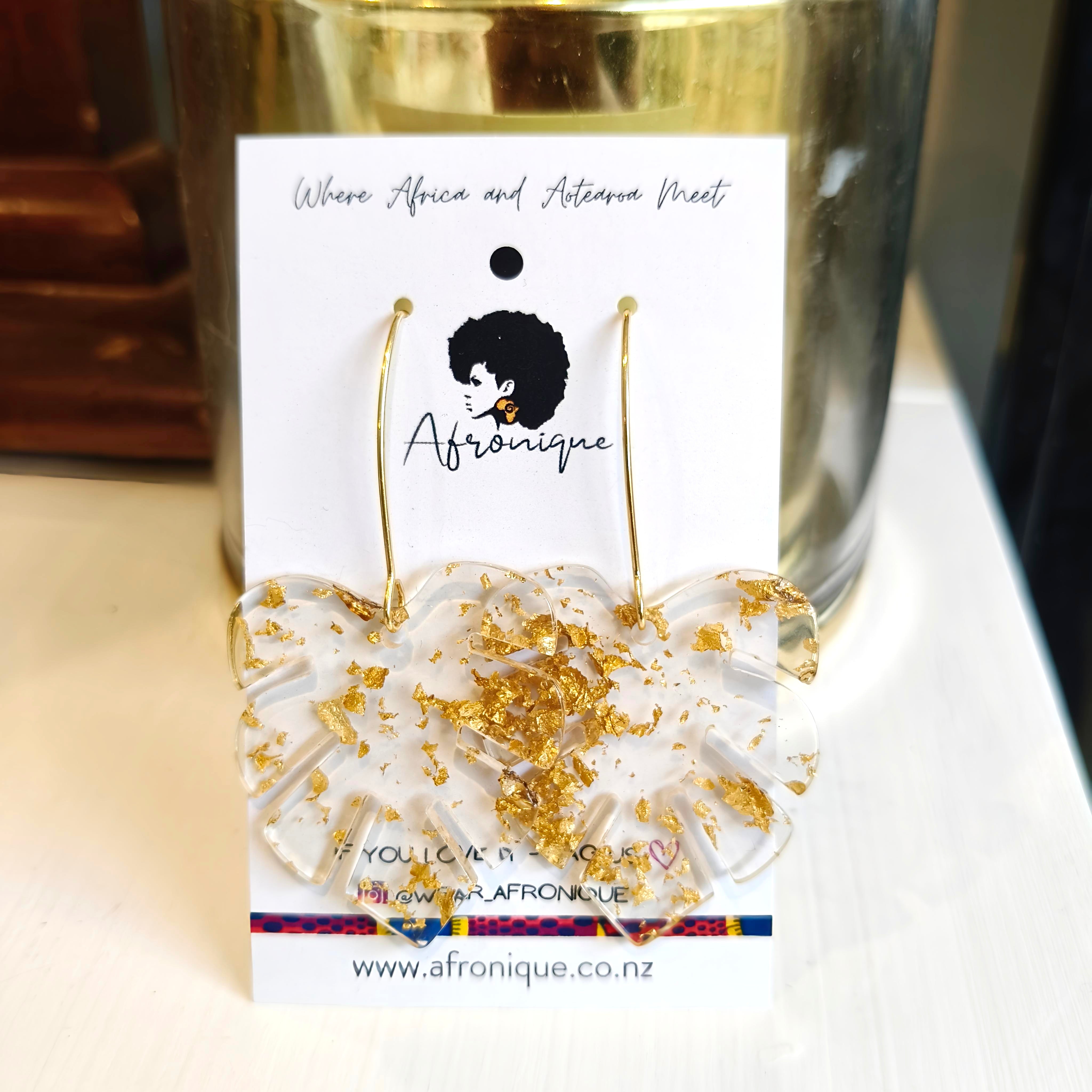 Clear Acrylic Monstera Leaf Earrings with Gold Leaf Detail