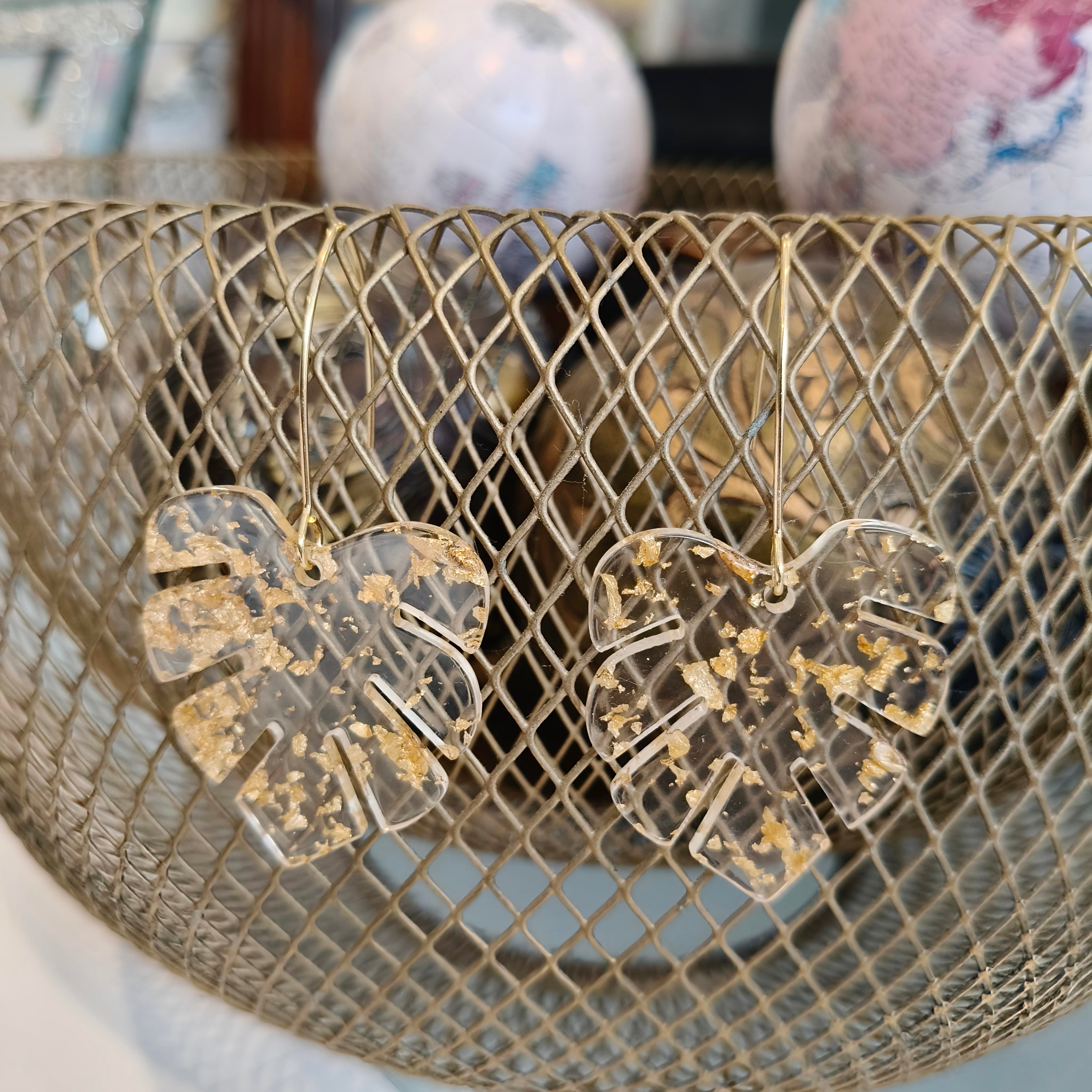 Clear Acrylic Monstera Leaf Earrings with Gold Leaf Detail